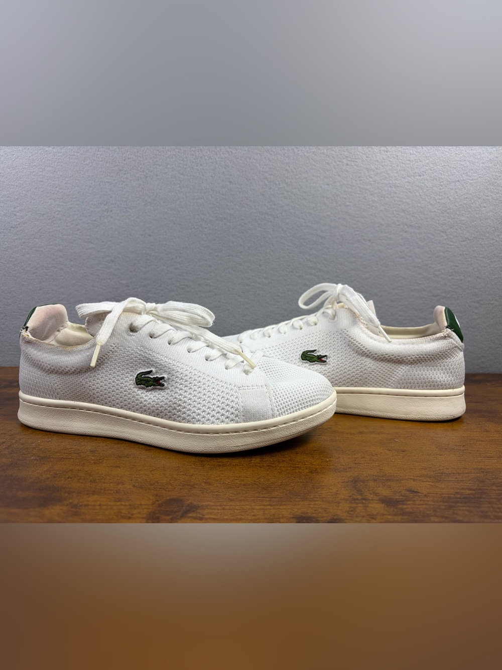 Lacoste White Knit Sneakers with Green Croc Accent